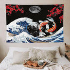 Houselerax Japanese Koi Fish Tapestry, Yin Yang Big Wave Red Cherry Blossom Tapestries Wall Hanging for Bedroom Living Room Office Decor 60"x40"