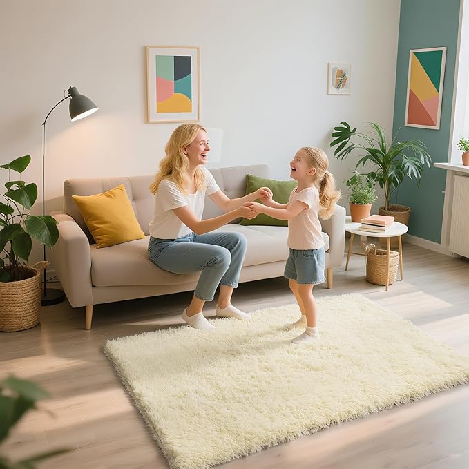Shag Area Rug for Bedroom 3x5,Ivory Fluffy Area Rugs for Living Room,Soft Fuzzy Rug Non-Shedding Indoor Plush Carpet for Kids Bedroom Nursery Dorm Home Decor