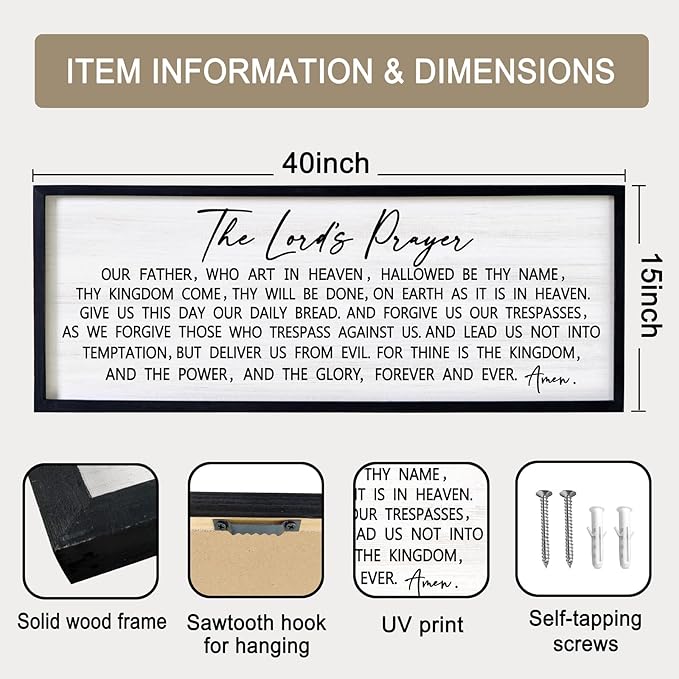 Our Father Prayer Bible Verse Framed Wall Art, 40''×15'' Black Horizontal Religious Christian Lords Prayer Sign for God Jesus Christ Prayer, Rustic Holy Inspirational Catholic Scripture Decor