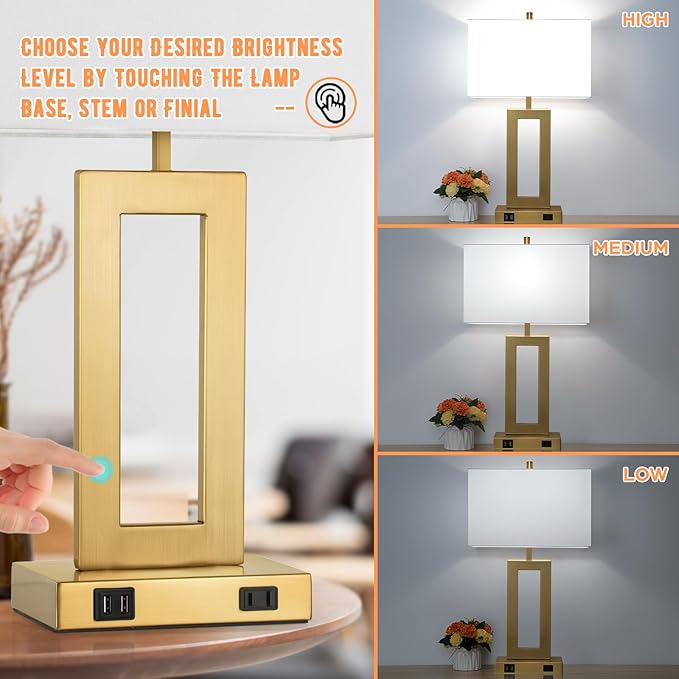Modern Vintage Gold Table Lamp Set of 2, 28inch Tall Lamps for Living Room Bedroom with 2 USB Ports&AC Outlet, 3 Way Dimmable Touch Control Desk Lamps for Reading Home Office, E26 Socket, with Bulb