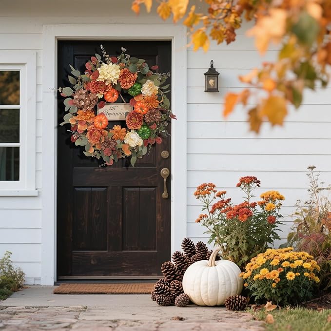 Fall Wreaths for Front Door 24 Inch with Realistic Pumpkin Hydrangea Peony Dahlia Flower, Thanksgiving Harvest Autumn Wreath for Indoor Outdoor Decor, Rustic Farmhouse Seasonal Decoration