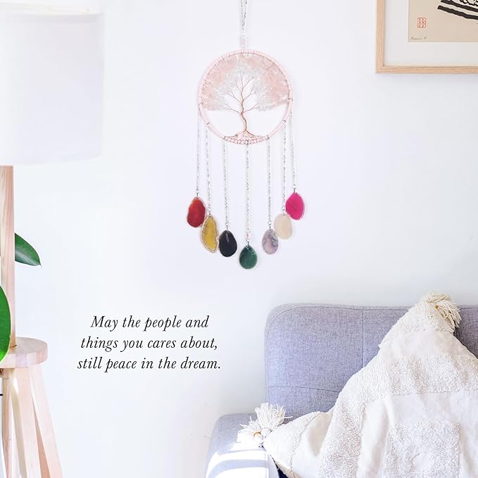 Pink 7 Agates Gemstone Dream Catcher 7 Chakras Tree of Life Dream Catcher with Healing Crystal Stones Handmade Dreamcatcher Wall Decor for Adults Boys Girls,Bedroom,Wedding,Garden,Bless Gift