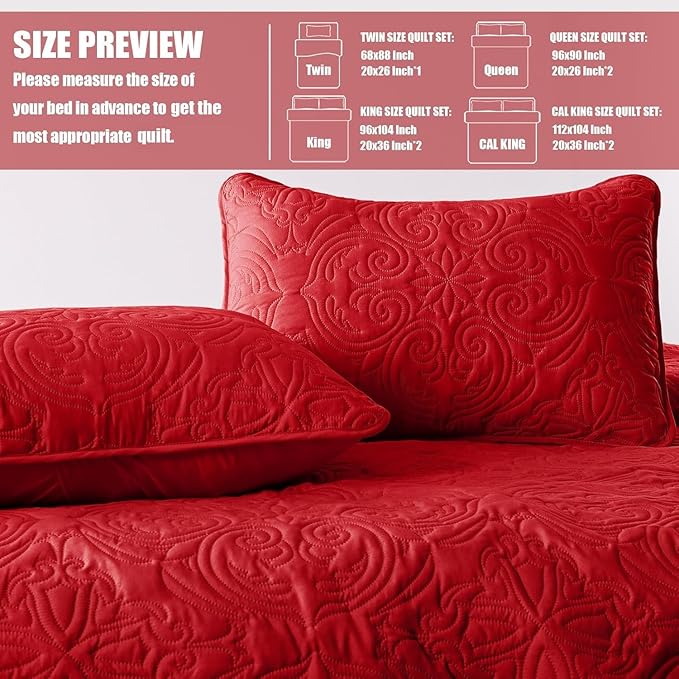 Exclusivo Mezcla Quilt Set Oversized King Size with 2 Pillow Shams, Lightweight Red Quilts with Vintage Damask Pattern, Soft Cal King Bedspreads Coverlets Bedding Set for All Seasons