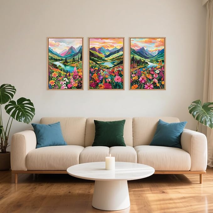 Celestdeco Wildflower Blossom Framed Canvas Wall Art Set, Colorful Flowers Painting, Abstract Landscape Wall Decor, Natural Ridge Floral Art Print for Living Room, Dining Room, Office - 24"x36"x3