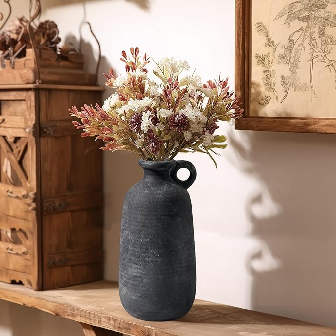 Sunddo Rustic Farmhouse Vase with Handle, 10 inch Black Ceramic Flower Vase, Terracotta Clay Stone Pottery, Black Kitchen Decor, Entryway Shelf Living Room Table Decor