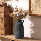 Sunddo Rustic Farmhouse Vase with Handle, 10 inch Black Ceramic Flower Vase, Terracotta Clay Stone Pottery, Black Kitchen Decor, Entryway Shelf Living Room Table Decor