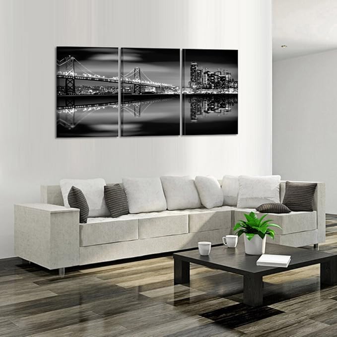 KREATIVE ARTS - San Francisco Bay at Night in Black and White Bridge 3 Panels Modern Landscape Artwork Canvas Prints Cityscape Pictures Paintings on Canvas Wall Art for Home Decor (16x24inchx3pcs)