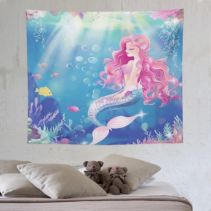 HZOHNAGO Mermaid Girls Tapestry Watercolor Mermaid Princess Pink Hair Pattern for Kids Room Decoration Printed Wall Tapestry Wall Hanging for Bedroom Living Room Dorm 60" W x 50" H