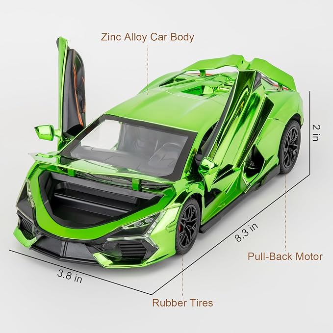 1/24 Scale Green Lambo Revuelto Diecast Car Model, Collectible Diecast Toy Car with Lights and Sounds, Pull Back Vehicles Toy for Adults Kids Birthday Gifts Decoration