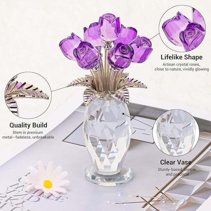 Glass Rose Flowers, Crystal Glass Figurines Rose Decorations for Home Gifts for Mom Wife Grandma, Crystal Flowers Collectible Ornament Mother's Day Thanksgiving Anniversary Birthday Gifts(Purple Rose)