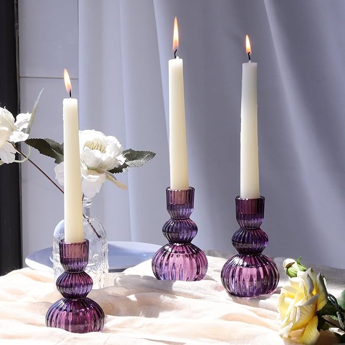 Woho Purple Candlestick Holders Set of 3 for Halloween Decorations, 4.3" H Ribbed Glass Taper Candle Holders Bulk for Wedding Table, Vintage Candle Sticks Holder Decor for Birthday Party/Home Decor