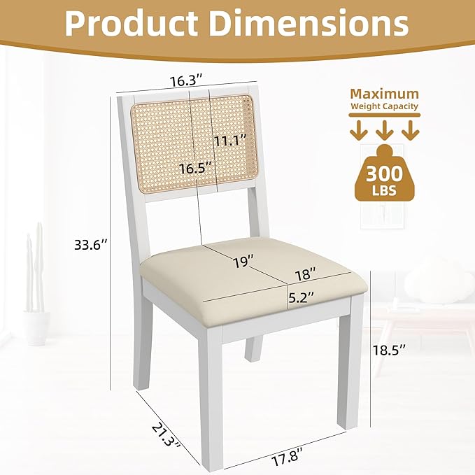 Westice Rattan Dining Chairs Set of 2, Farmhouse Natural Dining Room Chairs with Upholstered Cushion, Wood Armless Chairs for Kitchen/Restaurant, White