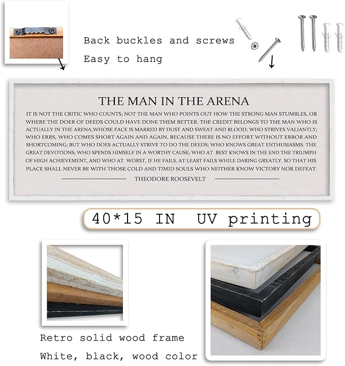 LuZhiQiang The Man in the Arena Wall Decor 40''x15'' Inspirational Quotes Office Wood Framed Sign Rustic Home Motivational Art For Man Entrepreneur Morden Living Room Wall Hanging Decor (White)