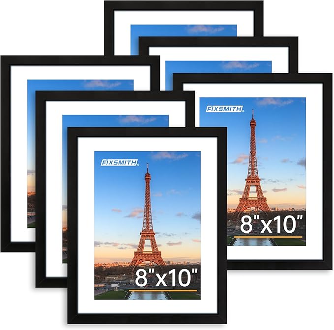 FIXSMITH 8x10 Picture Frame Set of 6, Photo Frame Bulk with HD Plexiglass, Display Pictures 5x7 with Mat or 8x10 Without Mat Multi Picture Frames Collage for Tabletop or Wall Display, Black