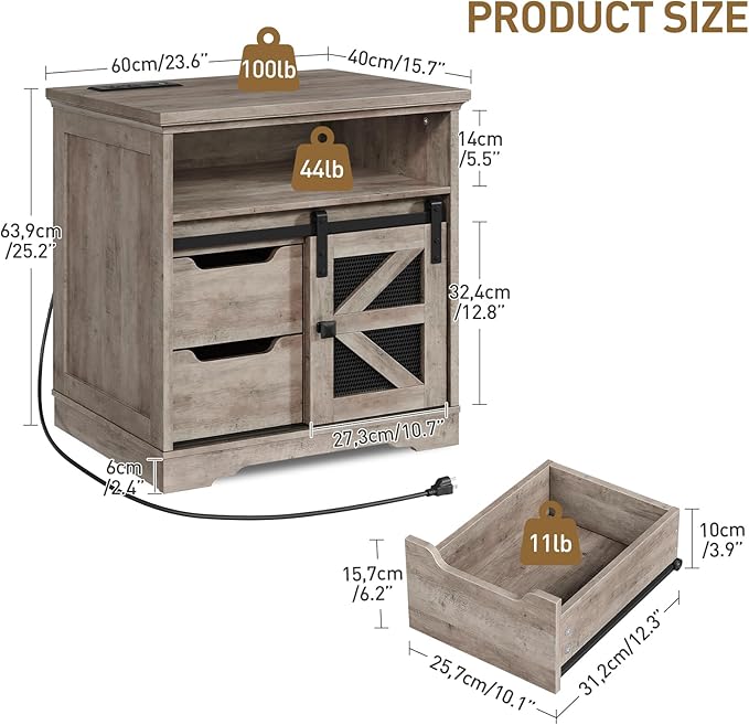 Farmhouse End Table with Charging Station, Sofa Side Table with 2 Drawers and Barn Door, Rustic Wooden Nightstand Bedside Table for Bedroom, Living Room, Greige