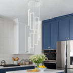 Modern Adjustable Height Pendant Light White 144W LED Pendant Lights 8 Rings Rectangular Chandelier Staircase Large Chandelier Lobby Living Room Kitchen Island Foyer High Ceiling Chandeliers