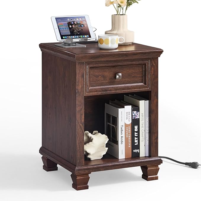 Farmhouse Side Table with Charging Station, Rustic Wood End Table with Drawer, Small Nightstand with Open Shelf for Bedroom, End Tables for Living Room, Walnut