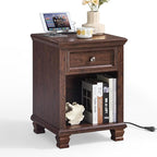 Farmhouse Side Table with Charging Station, Rustic Wood End Table with Drawer, Small Nightstand with Open Shelf for Bedroom, End Tables for Living Room, Walnut