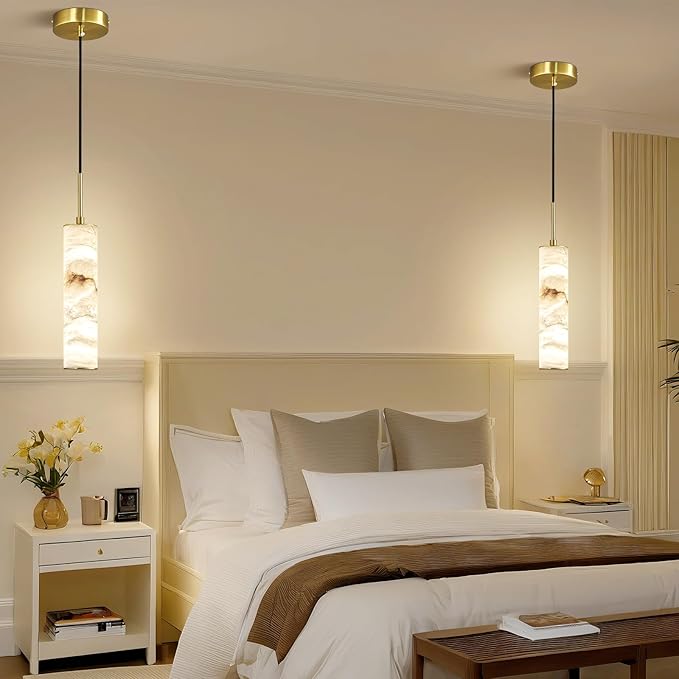 LMQNINE Natural Alabaster Pendant Lights for Kitchen Island White Marble Long Tube Chandelier Modern Gold Ceiling Light Fixtures for Bedroom Dining Room Table Living Room Hallway(S-1Pack)
