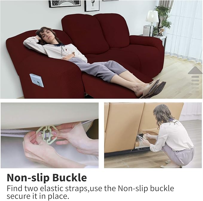 Easy-Going 6 Pieces Recliner Loveseat Stretch Sofa Slipcover Sofa Cover Furniture Protector Couch Soft with Elastic Bottom Kids, Spandex Jacquard Fabric Small Checks Wine