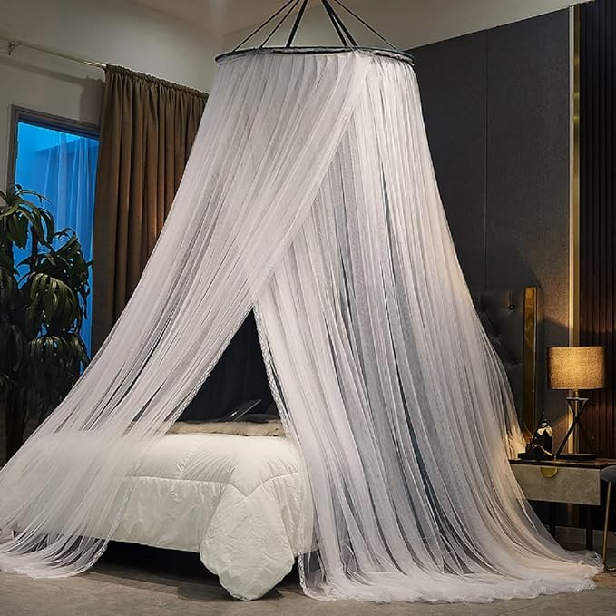 Kertnic Luxurious Bed Canopy for Girls & Adults - Double Layer Princess Canopy with Lace, Round Dome Mosquito Netting for Queen/King Bed Tent (Peacock Blue)