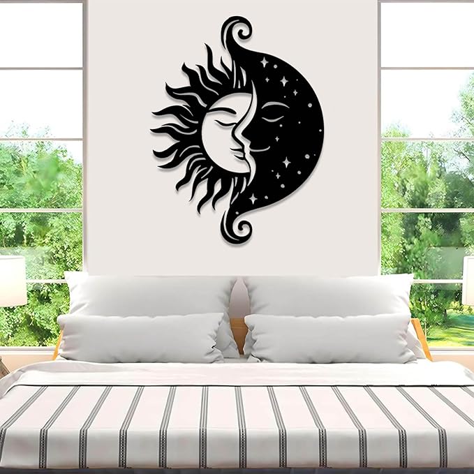 Tuglona Sun and Moon Metal Wall Art, Sun Metal Wall Decor, Moon Wall Art, Boho Wall Decor, Celestial Wall Decoration, Modern Celestial Wall Hanging, Bathroom Wall Hanging (Gold, 19"x14"/47x36cm)