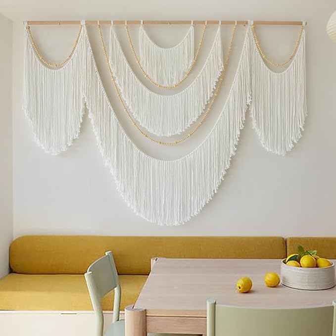 Flber Large Macrame Wall Hanging – Boho Yarn Art Garland with Tassels and Beads, Handmade Rope Decor for Nursery, Party, Wedding, Bedroom, Fireplace Mantel, or Photo Backdrop 57" W x 41" L