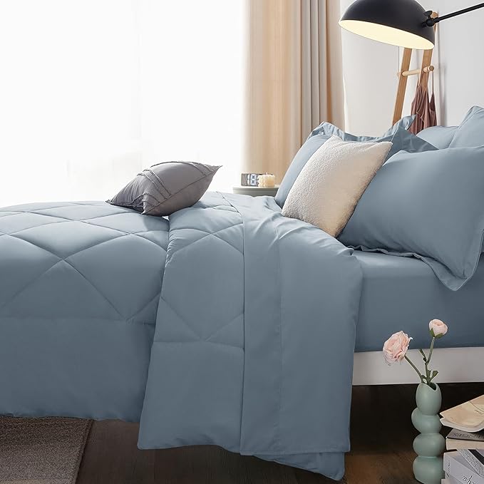CozyLux King Size Comforter Set Dusty Blue - 7 Pieces Bed in a Bag King, Luxury Soft Bed Set for All Seasons, Bedding Set with Down Alternative Comforter, Sheets, Pillowcases & Shams, Grayish Blue