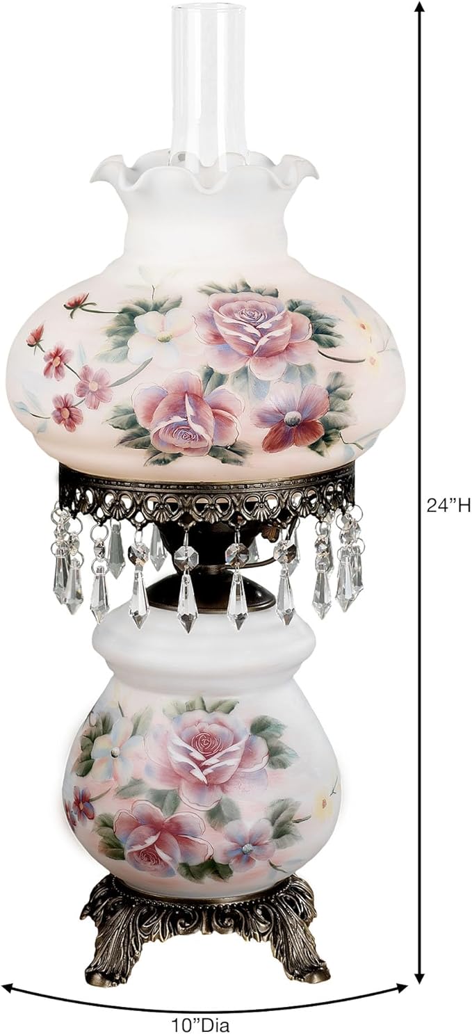 Touch of Class Beatrice Hurricane Rose Table Lamp Pink - Victorian Style - Crystal Beads, Glass - Floral Aesthetic, Roses - Electric - Vintage Antique Parlor Lamps for Home Desk, Bedroom