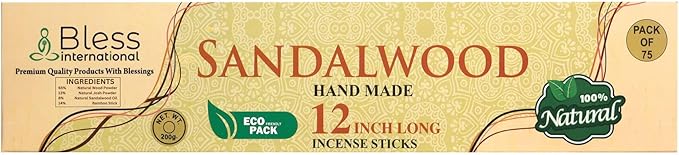 Bless-International-Sandalwood 100%-Natural-Handmade-Incense-Sticks Organic-Chemicals-Free-for-Relaxation-Positivity-Yoga-Meditation 12-Inches-1-Hour-Plus-Burning-Time-75-Sticks-7-OZ