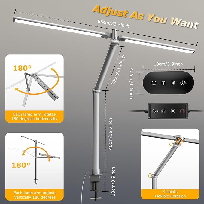 LED Desk Lamp for Home Office, Eye Caring Architect Desk Light with Remote, Dual Screen Computer Monitor Light with Stepless Dimming, Stepless Color Temp, Memory Function for Study, Workbench Grey