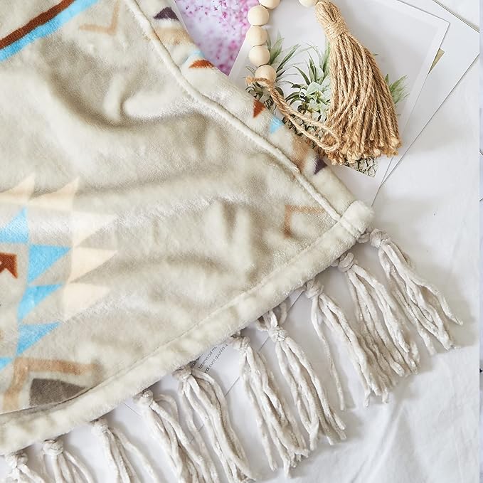 CASAAGUSTO Boho Throw Blanket - Green and Beige Decorative Blankets with Tassel, Printed Flannel Bohemian Blanket for Chair, Bed, Sofa, Couch(50 * 60, Green and Beige)