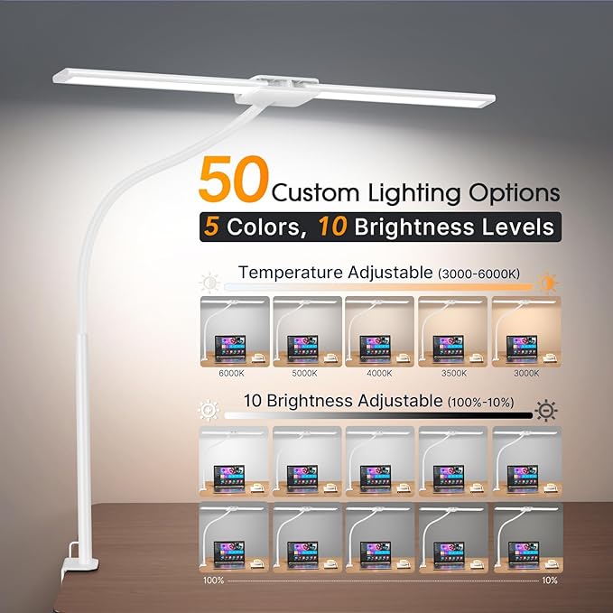 Syrinx LED Desk Lamp, Double Head Gooseneck Desk Lamps for Home Office with Gesture Switch & Wired Control, 12W Bright Modern Desk Light Eye-Caring Office Desk Lamp with Clamp for Crafting Reading