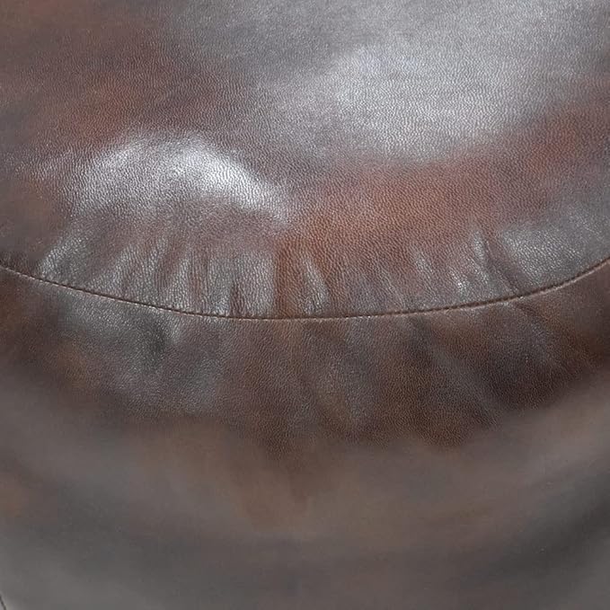PF12 Round Shaped Goat Leather Handmade Eco-Friendly Brown Pouf - 21" x 21" x 12", Plain Solid, Recycled Cotton Filled