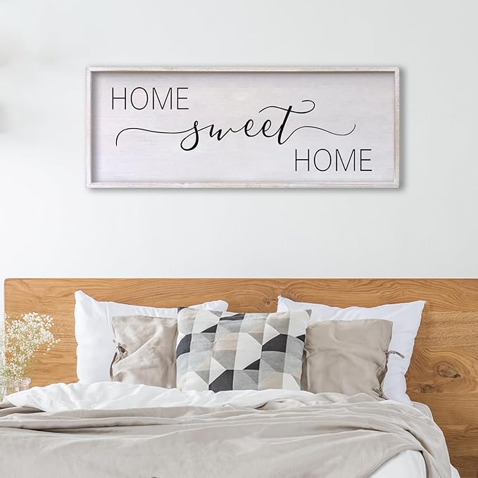 Home Sweet Home Sign Wall Decor 40"x15" Above Bed Living Room Large Wooden Framed Family Plaques Art (White)