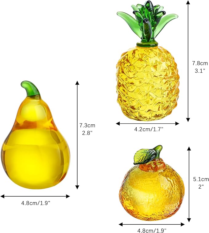 Set of 3 Glass Fruits Decor Pineapple Orange Pear Fruit Figurine Decorations as Collections for Home Wedding
