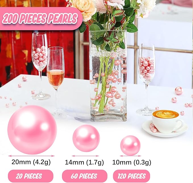 Pink Vase Pearls, 200 PCS Plastic Round Beads for Centerpieces Vases, 10/14/20MM Floating Beads for Vases, Party Wedding Decor