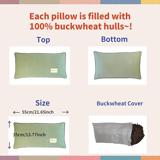Buckwheat Pillow for Sleeping-Breathable for Cool Sleep,Cervical Support for Back and Side Sleepers,Korean Style,Standard Size 22"x14"(1pc), Light Green
