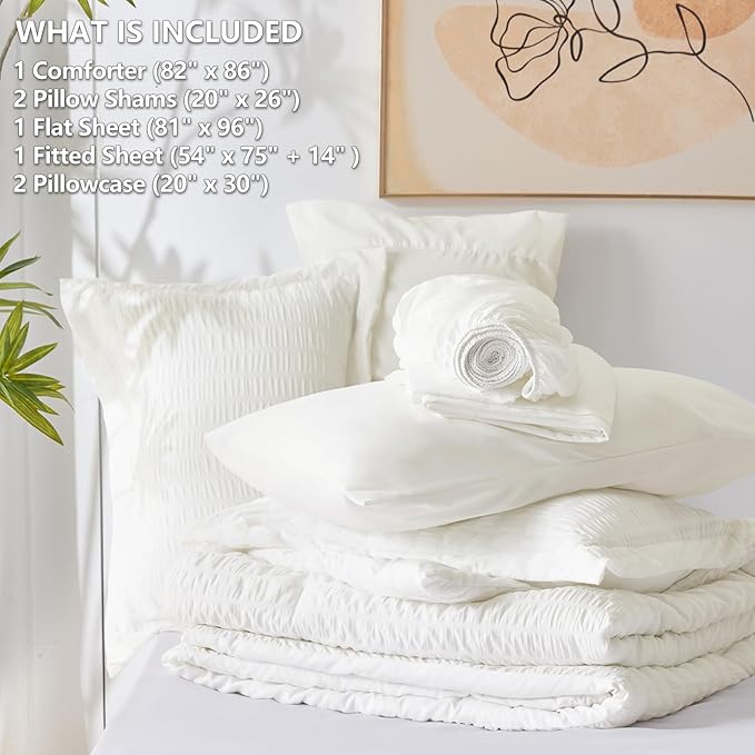CozyLux Full Size Comforter Sets with Sheets Seersucker 7 Pieces Ivory Bed in a Bag Textured Luxury Soft Bedding Set with Down Alternative Comforter, Sheets, Pillowcases & Shams for All Seasons