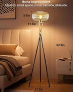Lightdot Glass Tripod Floor Lamp for Living Room, Modern Gold&Black Standing Lamp with Ribbed Champagne Glass Lampshade, Arc Tall Lamp for Bedroom Office Reading Room, (LED Bulb Included)