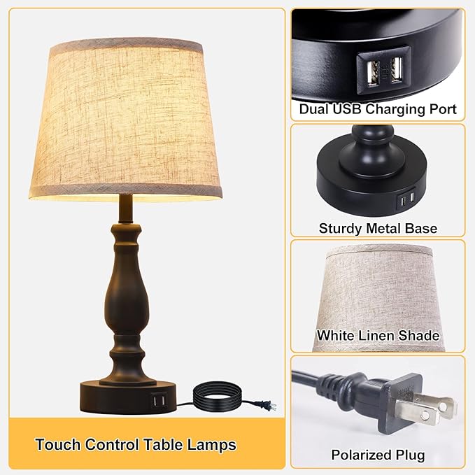 Table Lamps Set of 2, Bedside Nightstand Lamps with USB Charging Ports, 3 Way Dimmable Touch with Linen Fabric Lampshade, Modern Small Lamp for Bedrooms, Living Room (Bulbs Included)