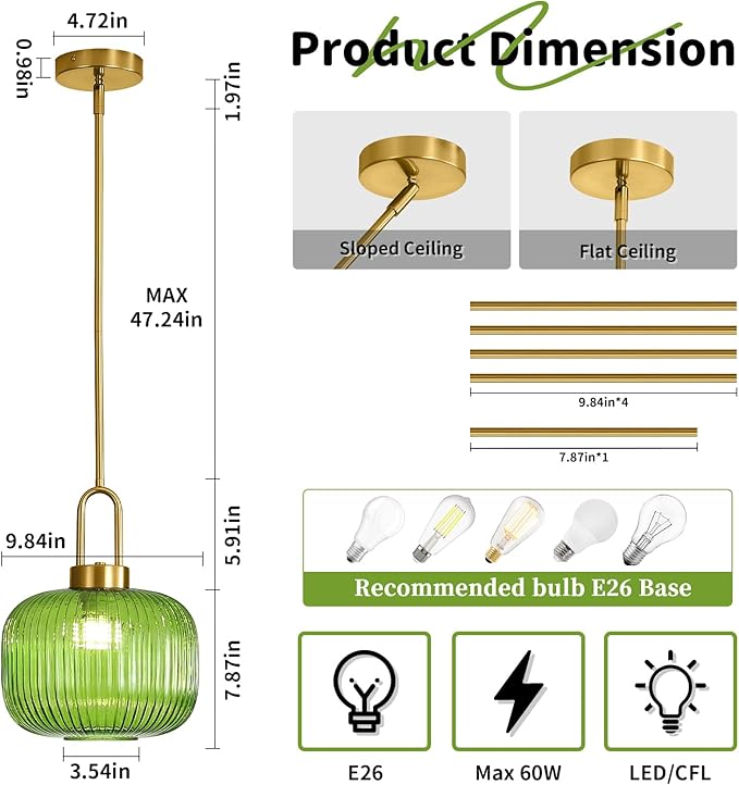 Modern Green Glass Pendant Light Fixtures, Mid Century Pendant Lights for Kitchen Island, 9.8" Gold Adjustable Height Ceiling Hanging Light Fixtures for Dining Room Entryway Bedroom Foyer Hallway