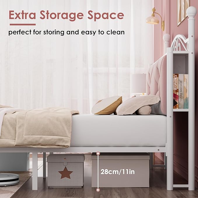 Full Upholstered Canopy Bed Frame with 2 Drawers & Crystal Tufted Storage Headboard Two-Purpose Metal Platform Bed with 4 Removable Posts & Charging Station Pink Princess Bed, Curtain Not Included