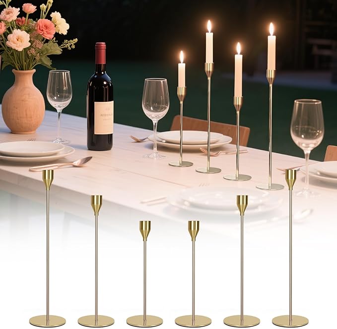 Taper Candle Holders, Set of 6 Candlestick Holders for Table Centerpieces, Weddings, Parties, Anniversaries and Home Decor, Elegant Candle Holders (Gold)