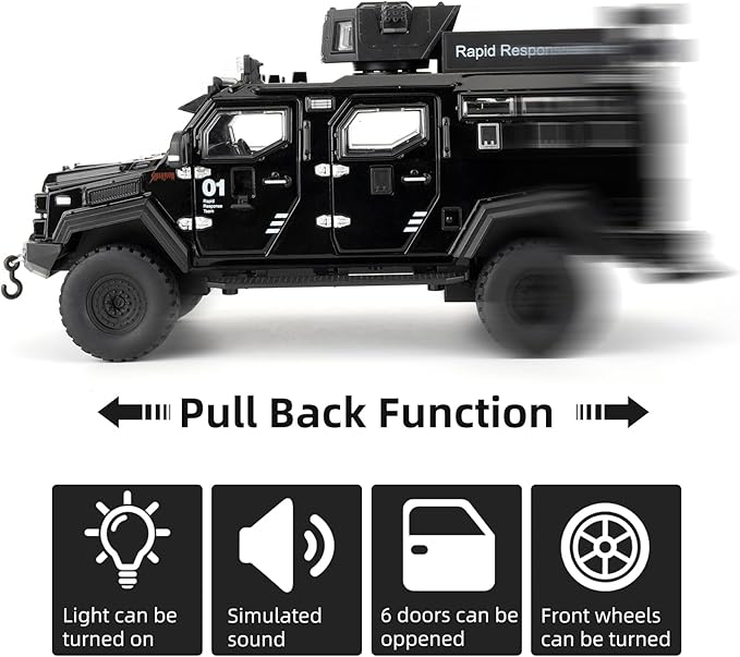 Compatible for 1:24 Saber-Toothed Tiger Alloy Armored Car Model, Collectible Diecast Armoured Explosive Protected Vehicle Toy, Pull Back Toy Car with Sound and Light for Adult Kids (Black)