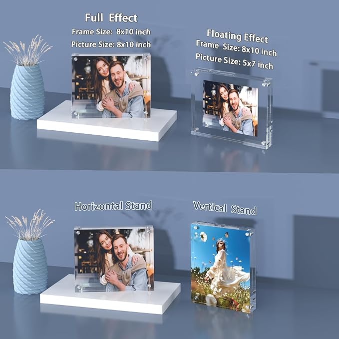 Acrylic Picture Frame, 2pack 8x10 Inch Photo Double-Sided Frames, Magnetic 12+12MM Thickness Picture Frame Clear Photo Frame Stand, Double-Sided Acrylic Frame Stand (2pack 8x10)