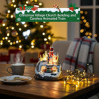 Animated Musical Christmas Village Figurines Christmas Collectibles Statues Church Building and Carolers with Rotating Train LED Lights, Battery & USB Home Decor Gifts Festive Holiday Decorations