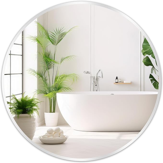 Fabuday Silver Round Mirror for Wall 24 inch - Circle Mirror for Bathroom, Entryway, Living Room, Hallway, Vanity Decor, Small Matte Metal Frame Mirrors