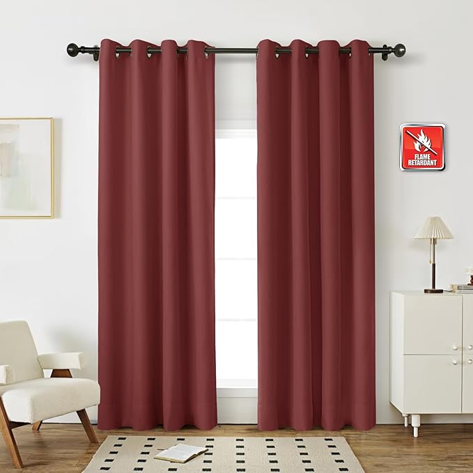 Fcosie 52" Wx84 L Inherent Flame Retardant Curtains - Room Darkening Drapes for School Classroom Dorm Nursing Home Restaurant- Antique Bronze Grommet Top Privacy Window Drapery - Merlot - 2 Panels
