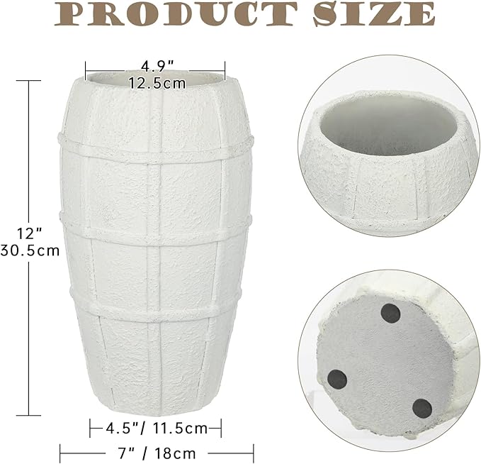 Briful Rustic Terracotta Flower Vase for Home Decor 12" White Farmhouse Textured Barrel-Style Ceramic Vase Vintage Handcrafted Gridded Design for Faux & Dried Flowers Living Room Table Centerpiece